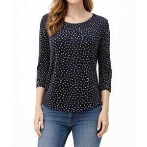Talbots Navy Blue Yellow Polka Dot 3/4 Sleeve Cotton Stretch Tee Shirt Large